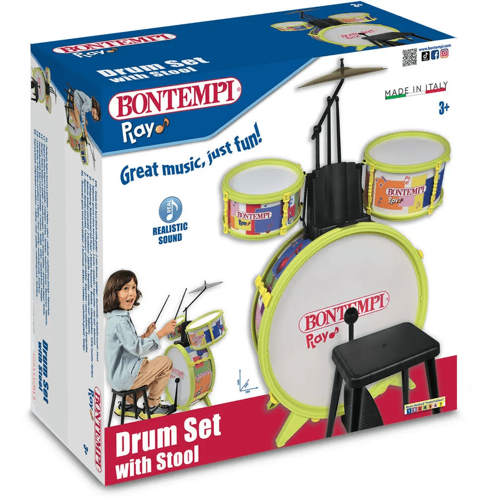 Bontempi BeatMasterPro Batteria Classica a 4 Elementi, con Sgabello e Due Bacchette 68x50x50 cm 514507 - 0047663055343 - DarSaGiocattoli