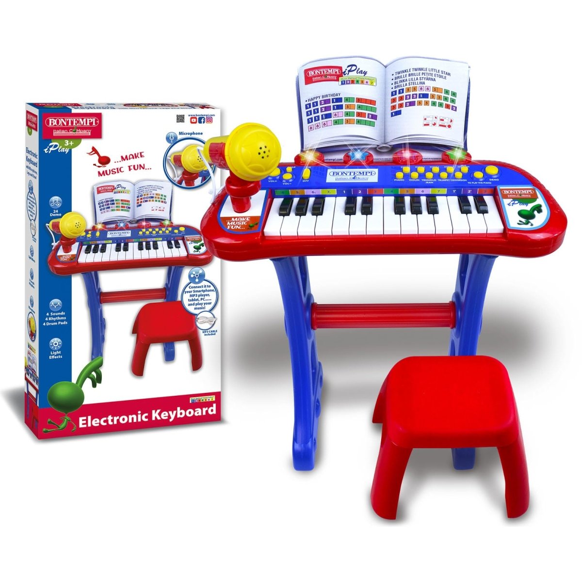 Bontempi MiniKeyFun Tastiera Giocattolo a 24 Tasti con Microfono e Sgabello 400x400x570 mm 13 2410 - 0047663338835 - DarSaGiocattoli