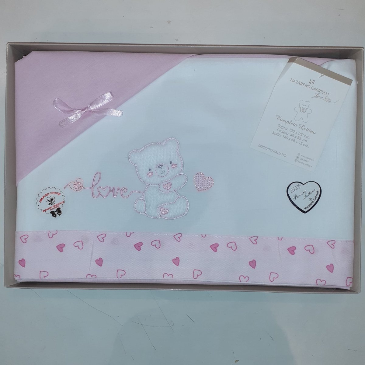 Nazareno Gabrielli Completo Lenzuola 3 Pezzi Lettino Ricamato Rosa 120x180 - 8052960009182 - DarSaGiocattoli