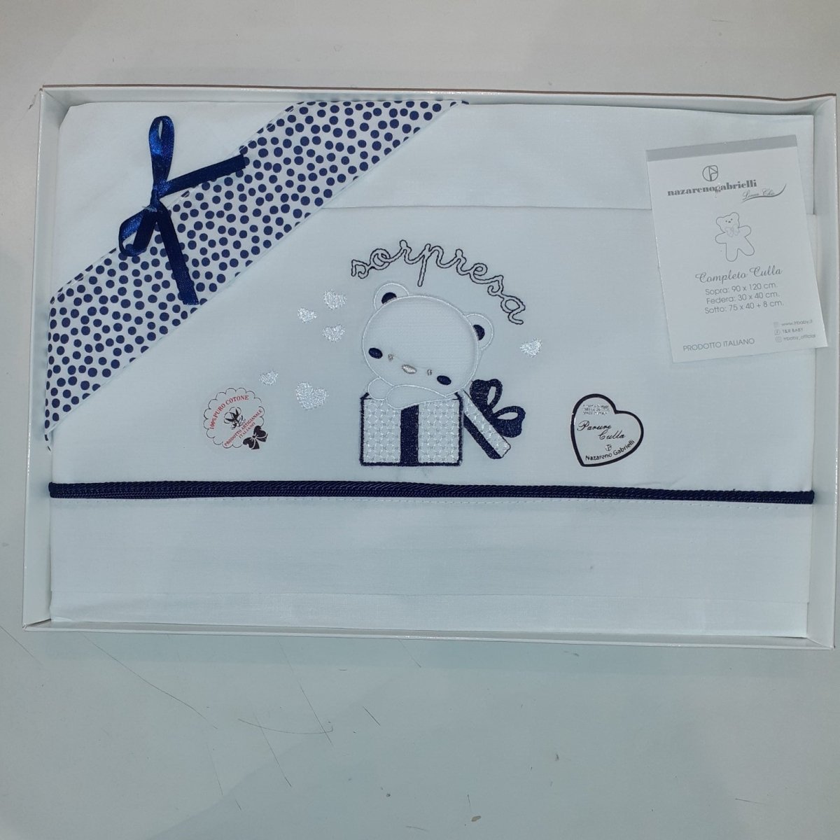 Nazareno Gabrielli Compose Culla - Carrozzina 3 pz Blu - Ricamato 100% Cotone NG91P - 8058258639789 - DarSaGiocattoli