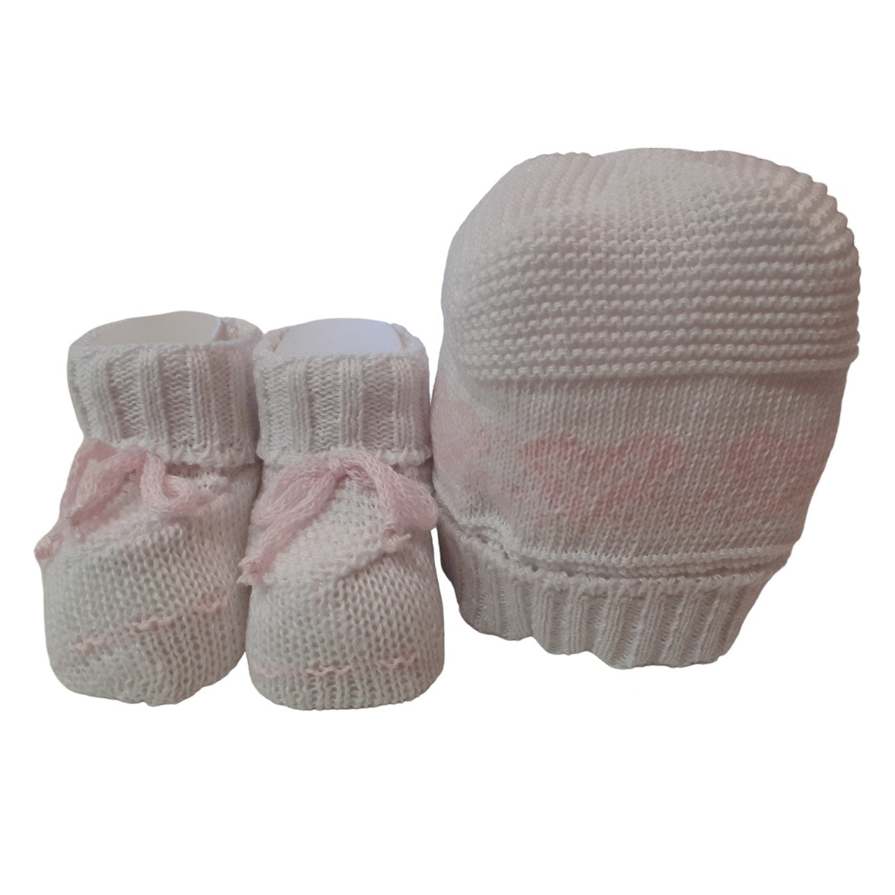 La Rocca Set Cappellino + Scarpine Misto Lana Bianco-Rosa ART.117