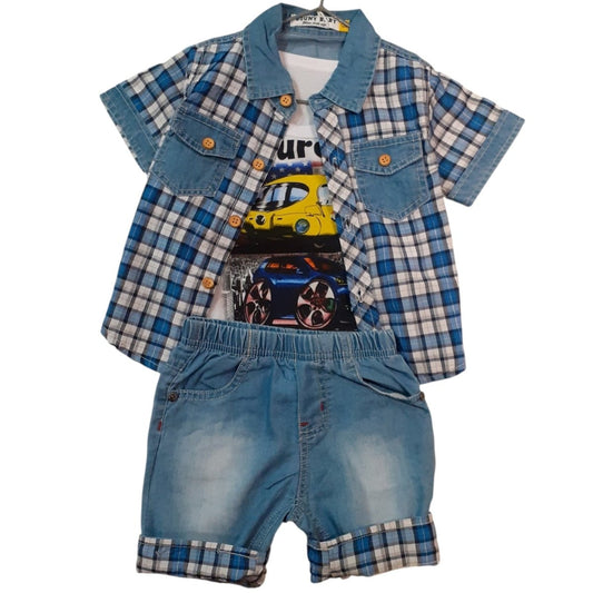 Bouny Baby Completo Bambino 3 Pezzi Camicia T-Shirt Pantaloncini In Jeans Corto BC - 5571 - DarSaGiocattoli