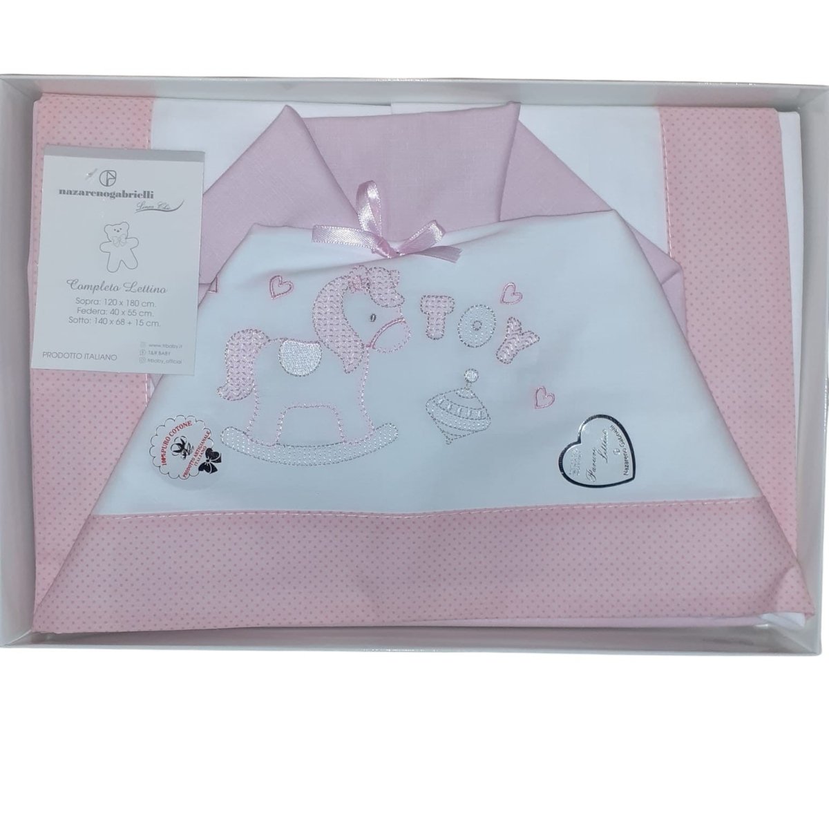 Nazareno Gabrielli Completo Lenzuola 3 Pezzi Lettino Ricamato Rosa 120x180 Art. Ng101 - 8052960009182 - DarSaGiocattoli