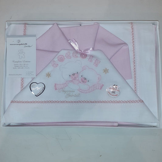 Nazareno Gabrielli Completo Lenzuola 3 Pezzi Lettino Ricamato Rosa 120x180 Art. Ng101 - 8052950006641 - DarSaGiocattoli