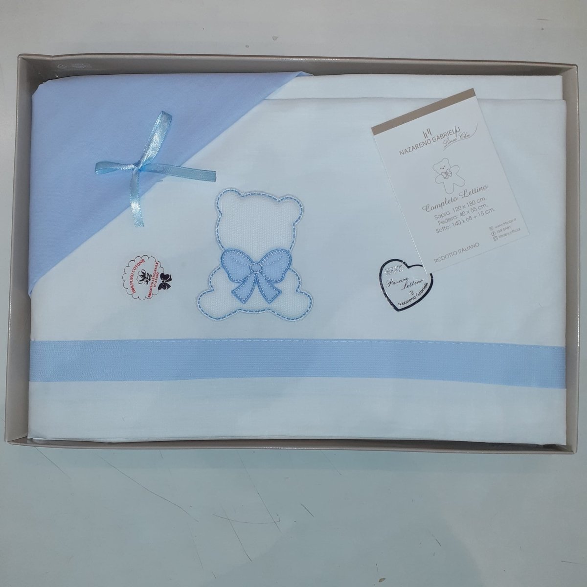 Nazareno Gabrielli Completo Lettino 3 pz Azzurro-ricamato 100% cotone - 8000121101978 - DarSaGiocattoli