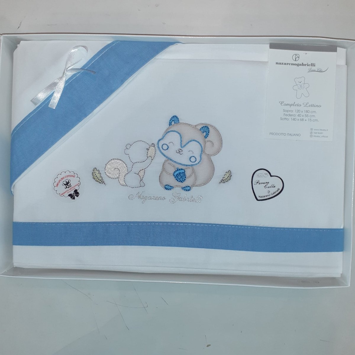 Nazareno Gabrielli Compose Culla - Carrozzina 3 pz Azzurro - ricamato 100% cotone NG91P - 8052960009571 - DarSaGiocattoli