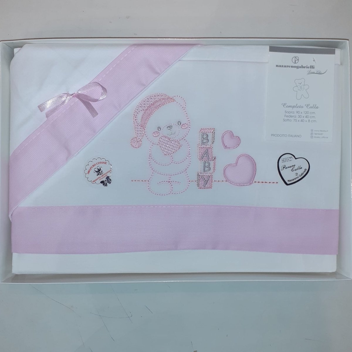 Nazareno Gabrielli Compose Culla - Carrozzina 3 pz Rosa - ricamato 100% cotone NG91P - 8062960005504 - DarSaGiocattoli